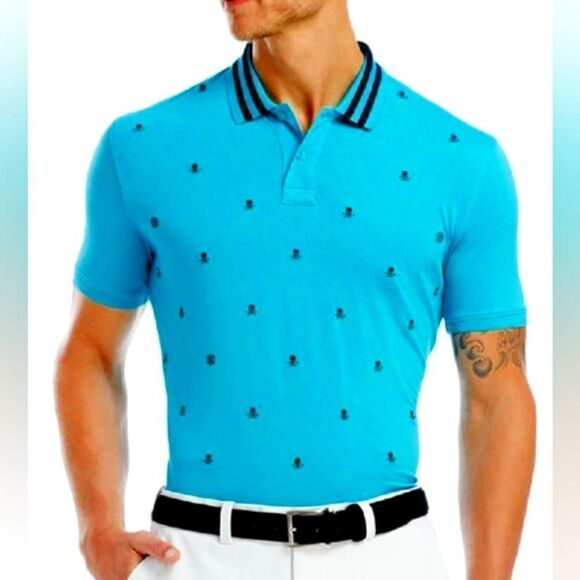 EUC G/FORE S Skull Embroidered Stretch Golf Polo in Bluebird - Picture 1 of 5